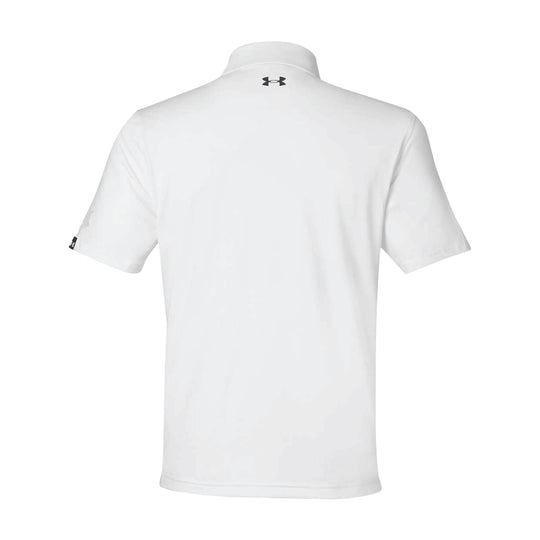 GBRS Group Patriotism Polo Shirt - Left chest American Flag rubberized thermal graphic. Embroidered GBRS "g" logo on the left sleeve. Pictured back of white polo on a white background. 
