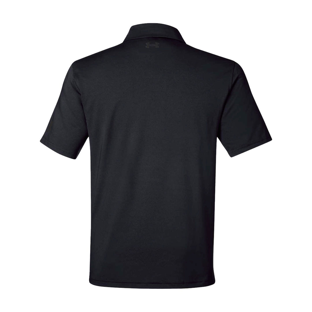 GBRS Group Patriotism Polo Shirt - Left chest American Flag rubberized thermal graphic. Embroidered GBRS "g" logo on the left sleeve. Pictured back of black polo on a white background. 