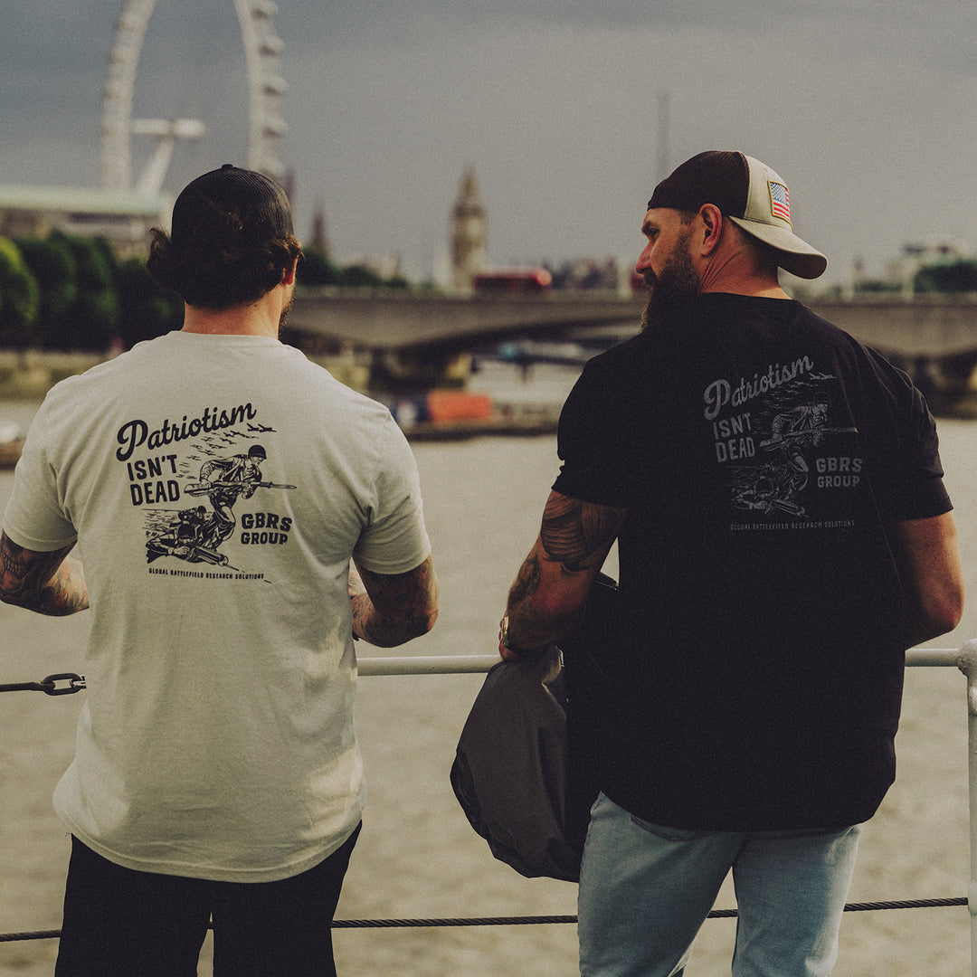 GBRS Group Storming The Beach Short Sleeve Shirt  pictured on 2 men walking outdoors showing back of shirts  - one in each color