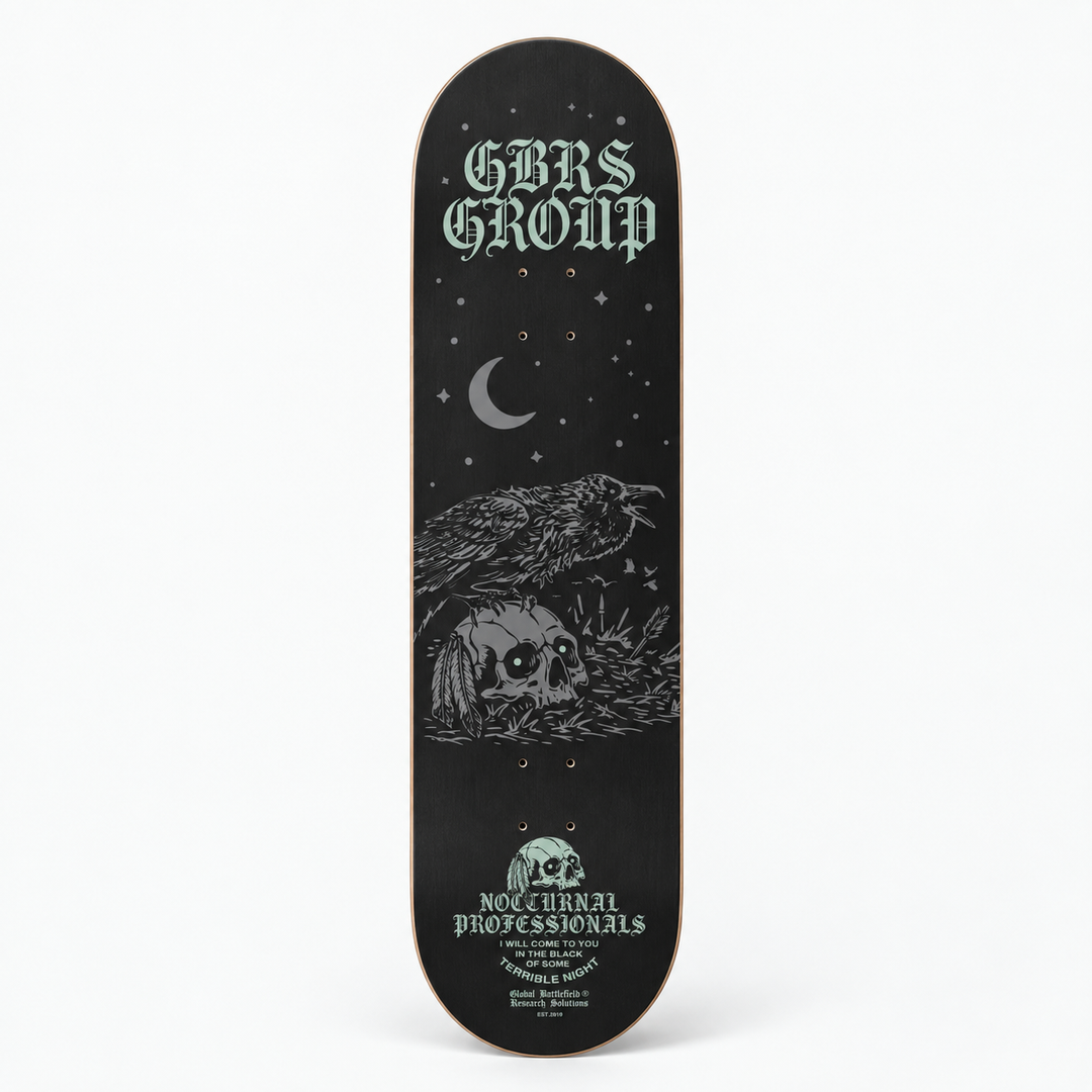 Bottom View of GBRS Group Terrible Nights Skateboard Deck on white background