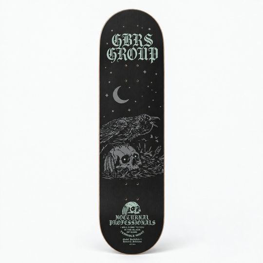 Bottom View of GBRS Group Terrible Nights Skateboard Deck on white background