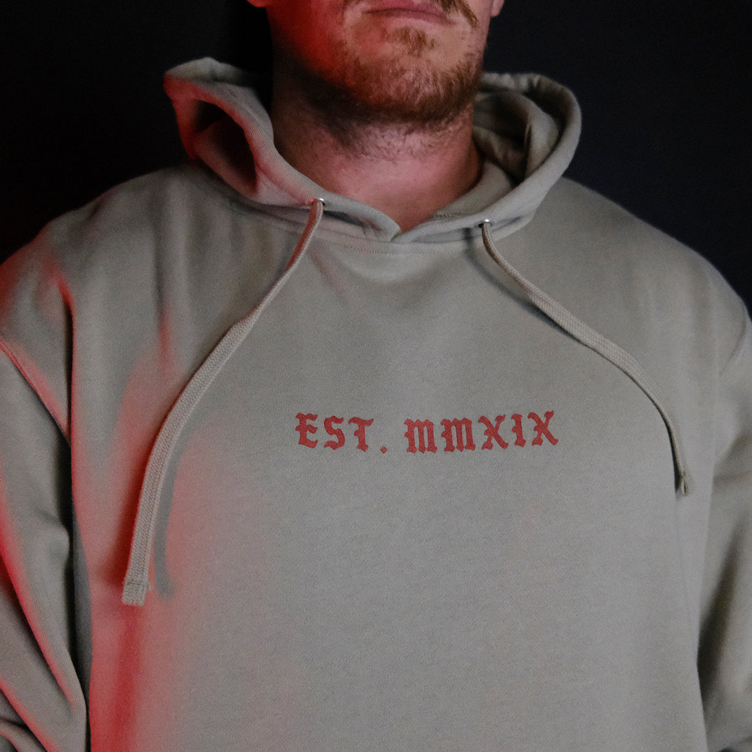 GBRS Group Triple Daggers Pullover Hoodie - Front of Cement colored hoodie on body in dark room