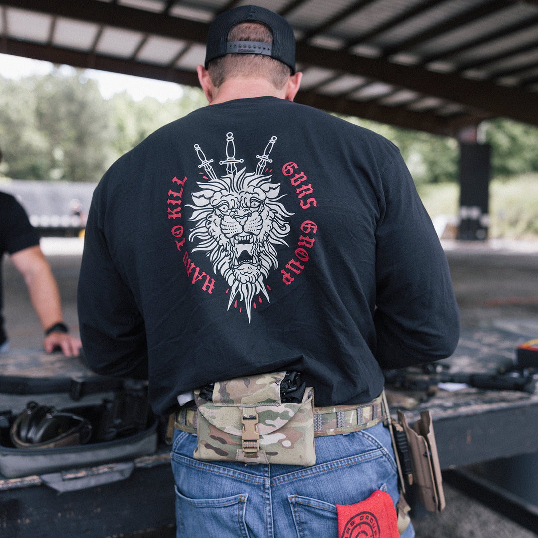 GBRS Group Triple Daggers Long Sleeve Shirt -lifestyle showing back of shirt onbody at the range