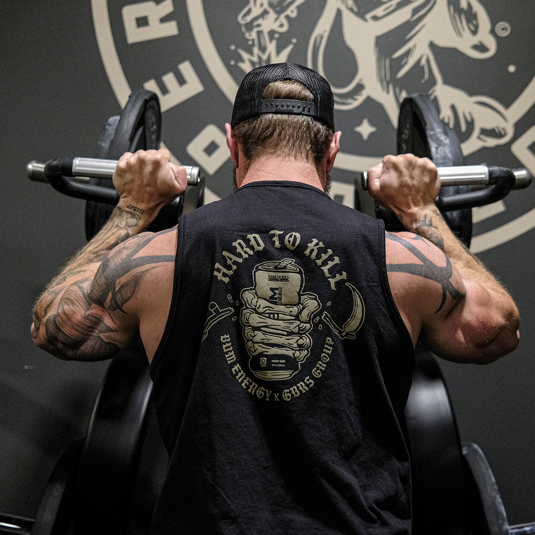 GBRS Group x BUM Energy Collab Grip Matters Tank - Back of Tank with Grip Matters Design in gym lifestyle setting