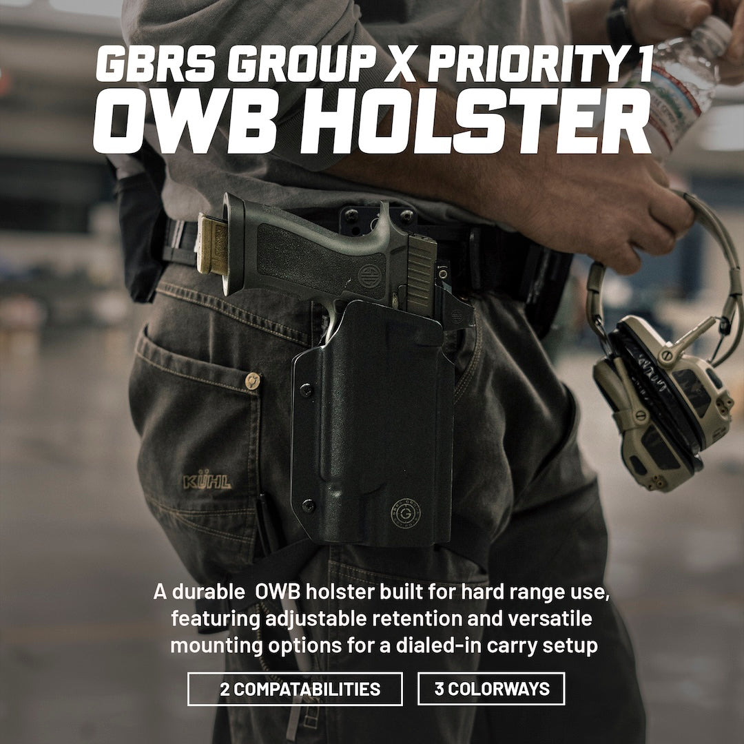 GBRS Group x Priority 1 OWB Holster - A durable OWB holster built for hard range use, featuring adjustable retention and versatile mounting options for a dialed-in carry setup