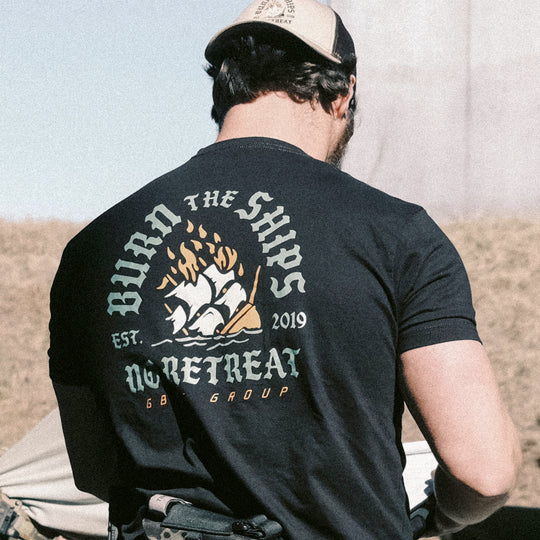 GBRS Group No Retreat Short Sleeve Shirt is Screen printed with  Burn the Ships No Retreat design on the back and No Retreat logo design on the front left chest.
