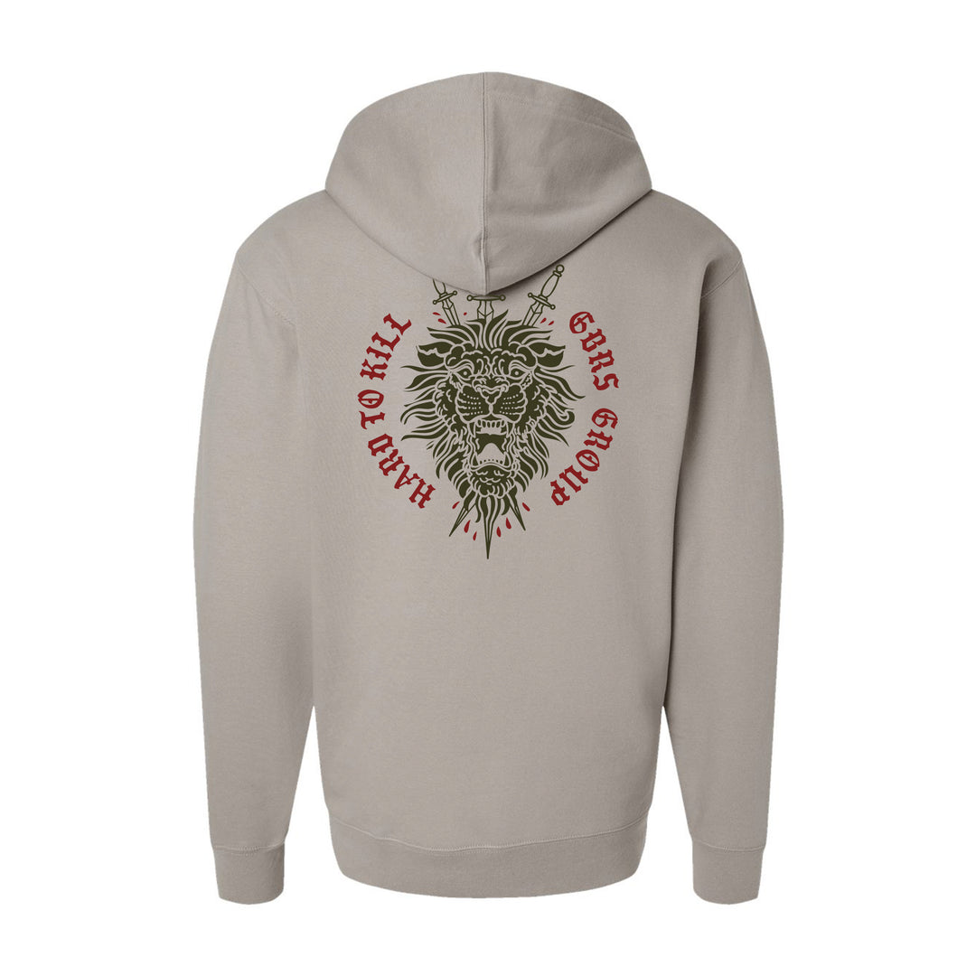 GBRS Group Triple Daggers Pullover Hoodie - Back of Cement colored hoodie on white background.