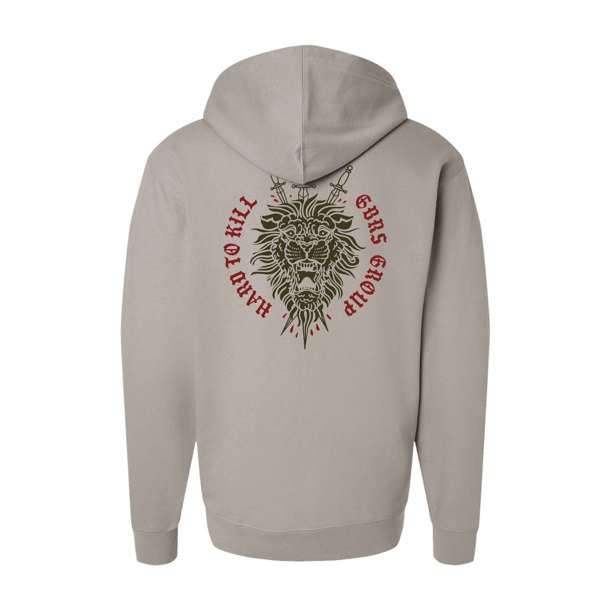 GBRS Group Triple Daggers Pullover Hoodie - Back of Cement colored hoodie on white background.