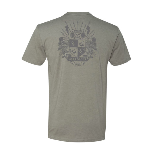 Back view of grey GBRS Group short sleeve with large coat of arms design in the center, against a white background.
