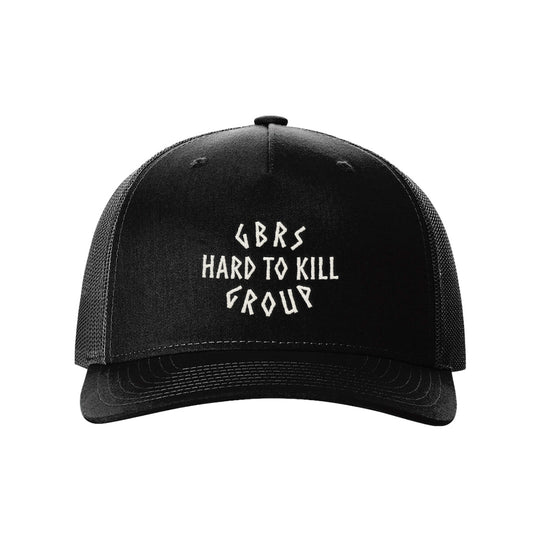 View of front of GBRS Group Hard to Kill Trucker Hat on white background