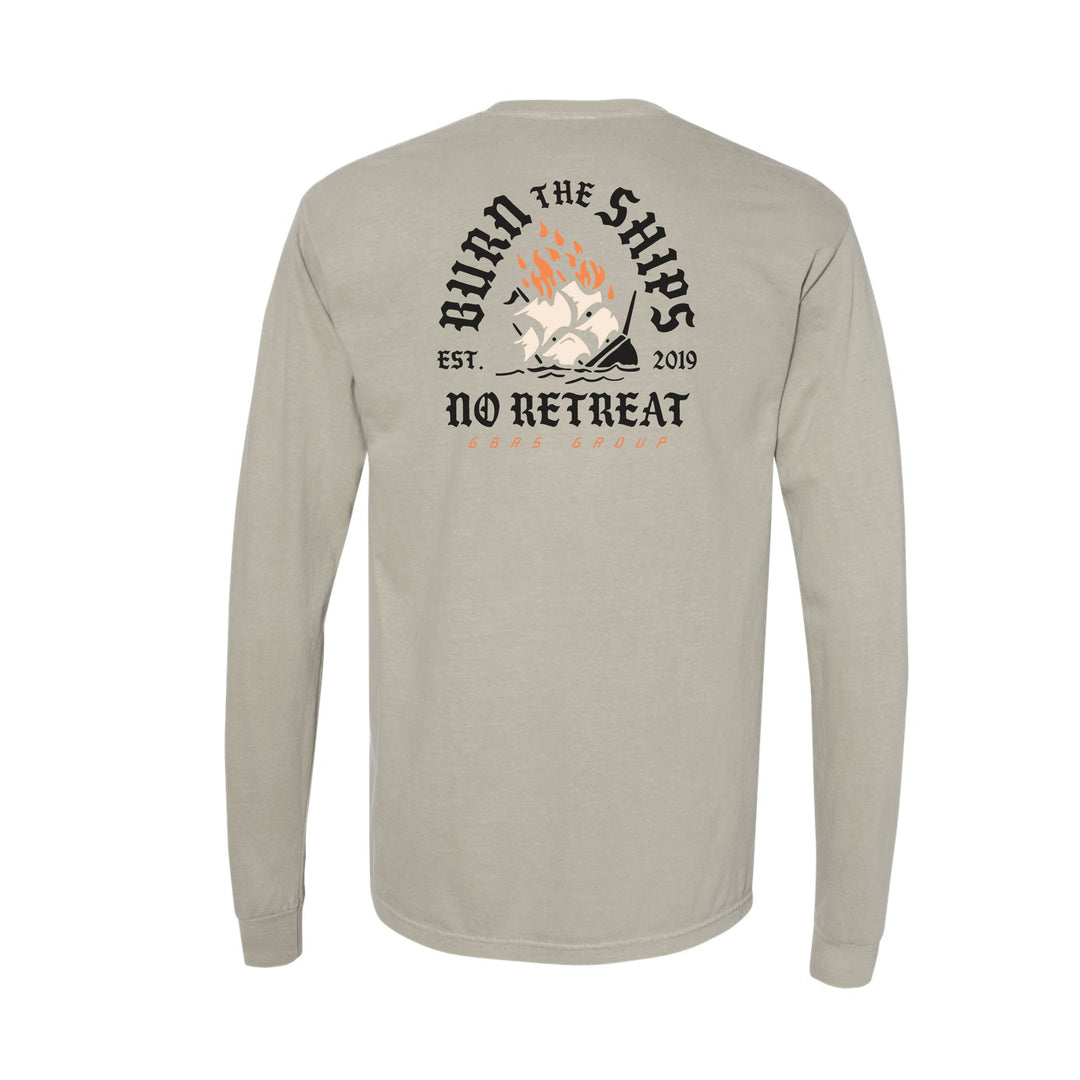 GBRS Group No Retreat Long Sleeve Shirt is garment dyed with a relaxed fit. Screen printed Burn the Ships No Retreat design backprint and left chest No Retreat logo design