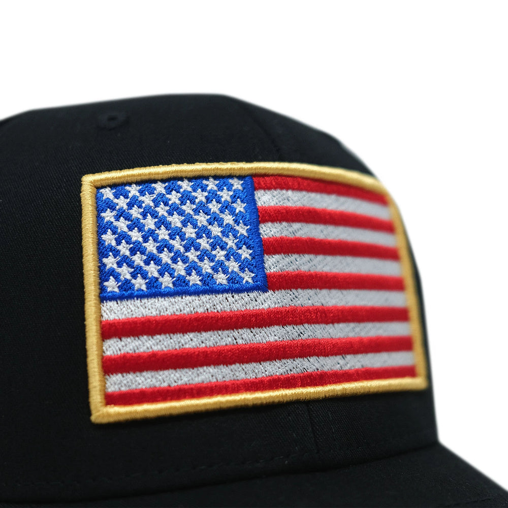 Close up image of American Flag on GBRS Group Black Patriotism Trucker Hat on white background