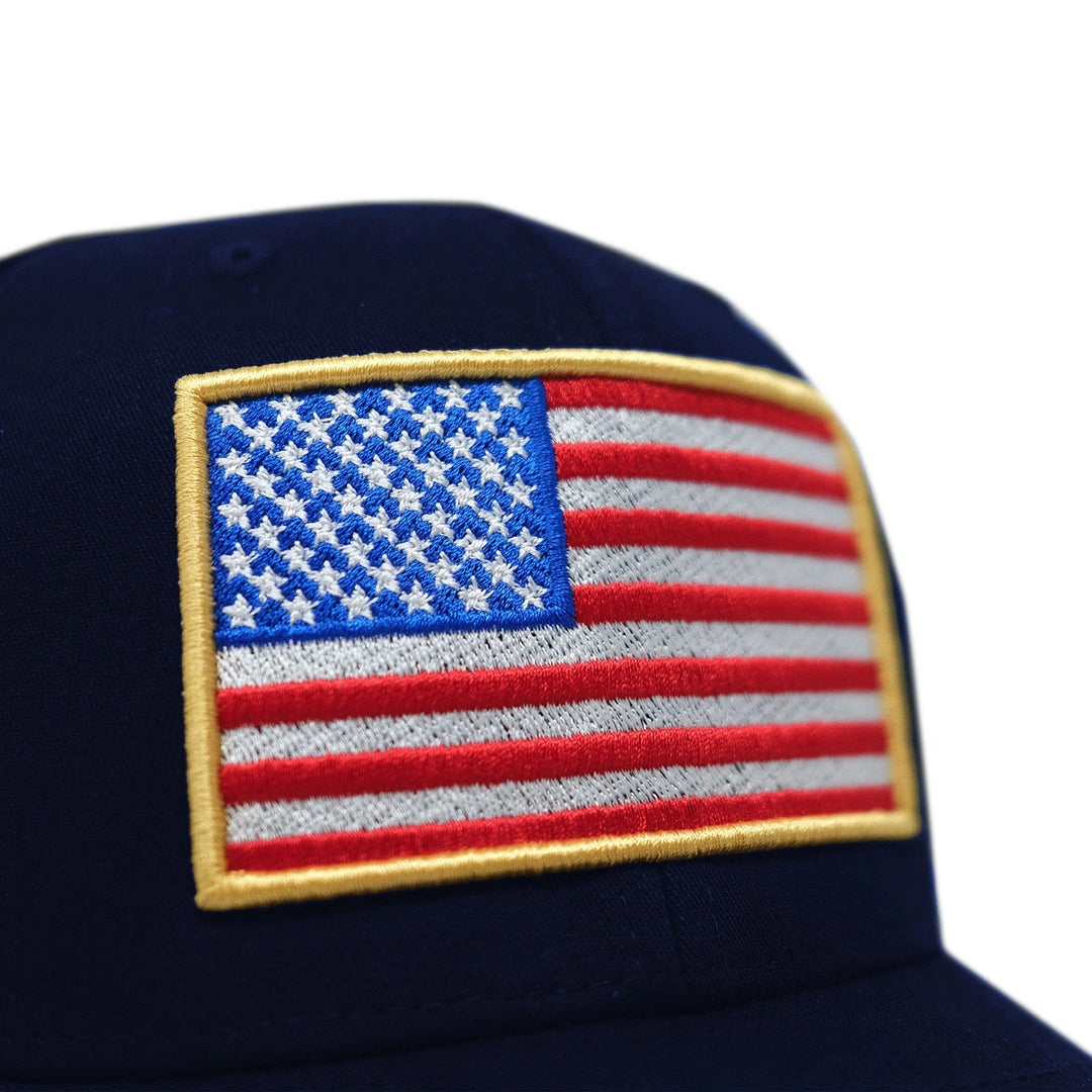 Close up image of American Flag on GBRS Group Navy Patriotism Trucker Hat on white background