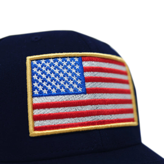Close up image of American Flag on GBRS Group Navy Patriotism Trucker Hat on white background