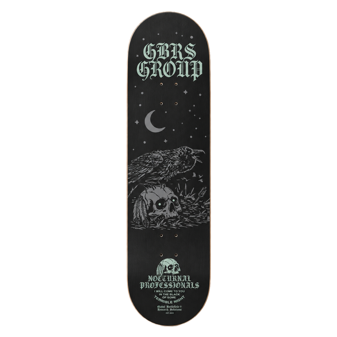Bottom view of GBRS Group Terrible Night Skateboard on white background