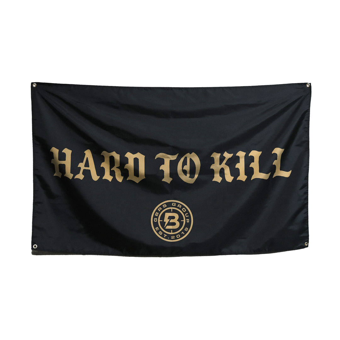 GBRS Group x Bum Energy Collab Hard To Kill Flag is a sublimated flag perfect for the gym, home office or garage. - Pictured on white.

