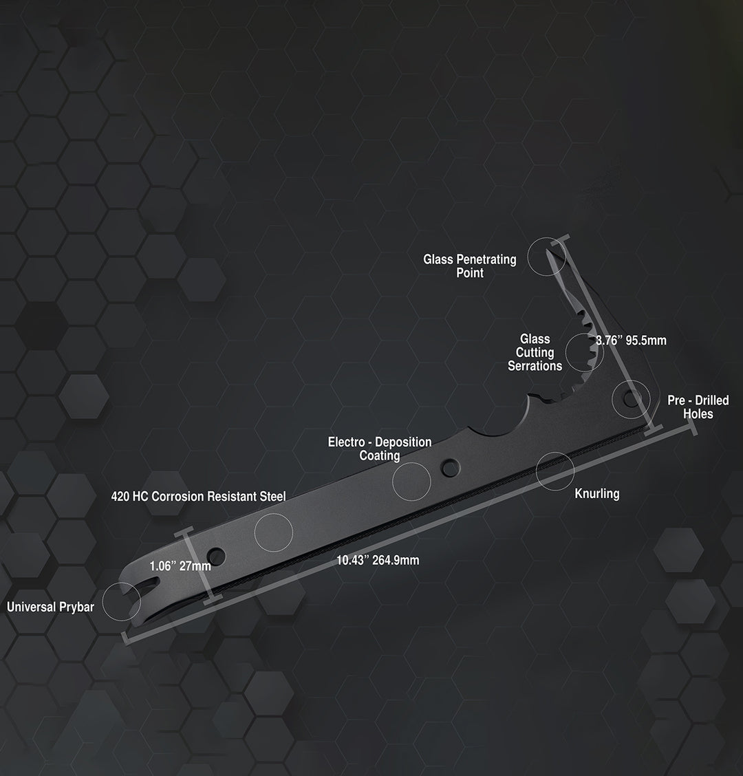 Technical diagram of a tool bar with labeled features on a dark hexagonal patterned background.