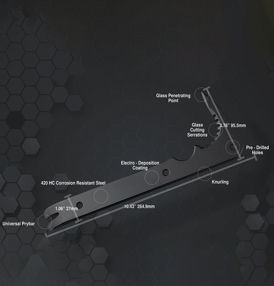 Technical diagram of a tool bar with labeled features on a dark hexagonal patterned background.