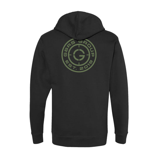 GBRS Group Instructor Pullover Hoodie, pictured in black on a white background showing the backprint design