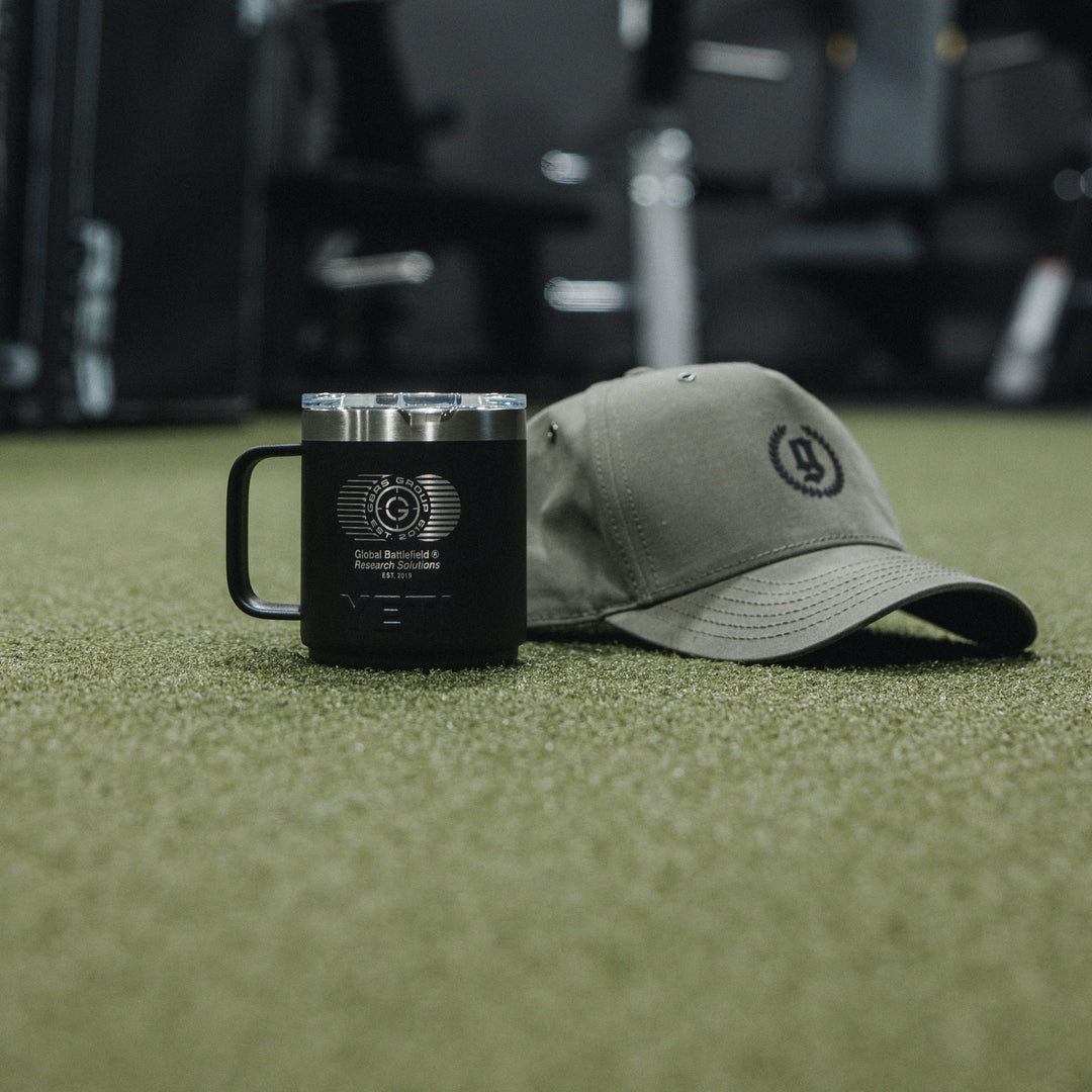 10 oz Stackable Yeti Mug with Magslider Lid. Laser engraved with GBRS Group Logo design. Lifestyle image