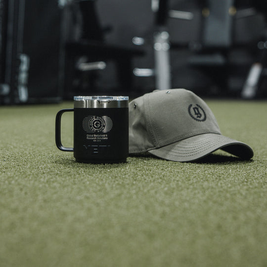 10 oz Stackable Yeti Mug with Magslider Lid. Laser engraved with GBRS Group Logo design. Lifestyle image
