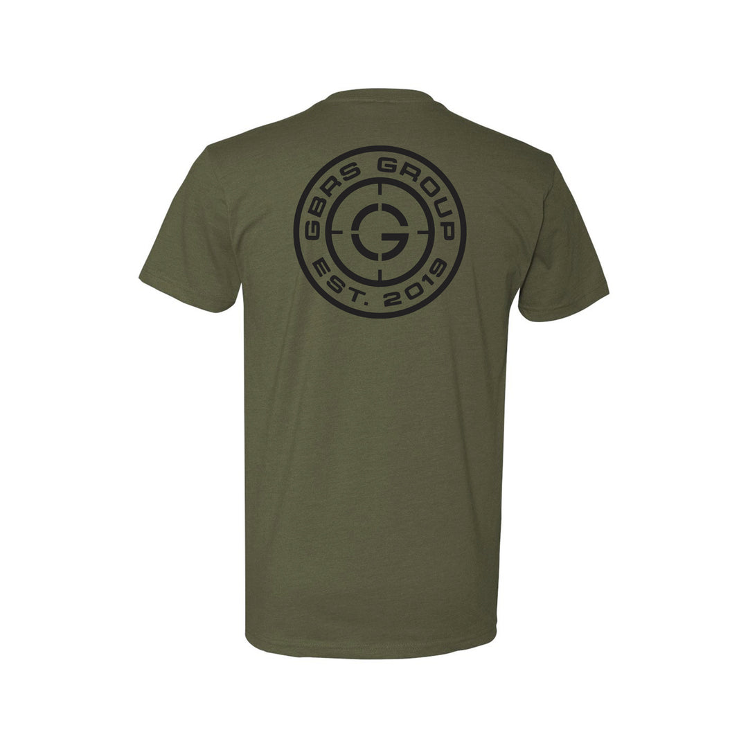 GBRS Group Instructor Short Sleeve Shirt pictured in Military Green on a white background showing back print design