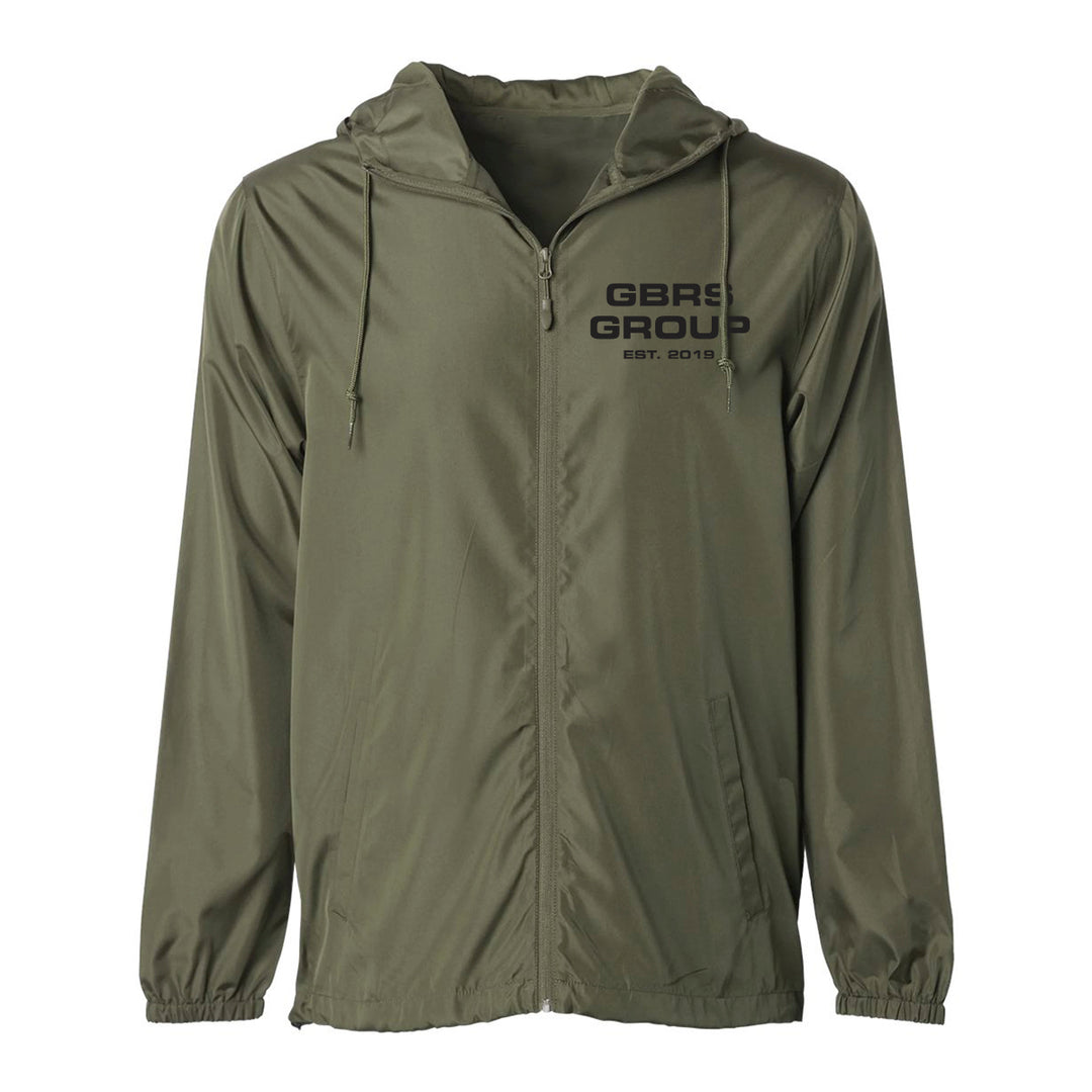 Front view of green windbreaker jacket with the GBRS Group logo on a white background