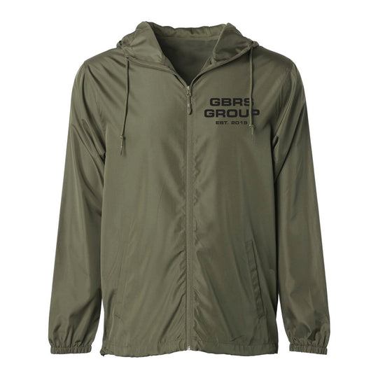 Front view of green windbreaker jacket with the GBRS Group logo on a white background