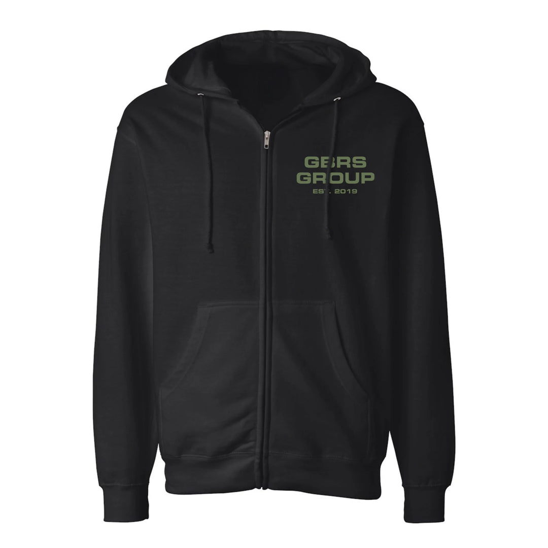 Front view of black GBRS Group Instructor Zip Up Hoodie on a white background