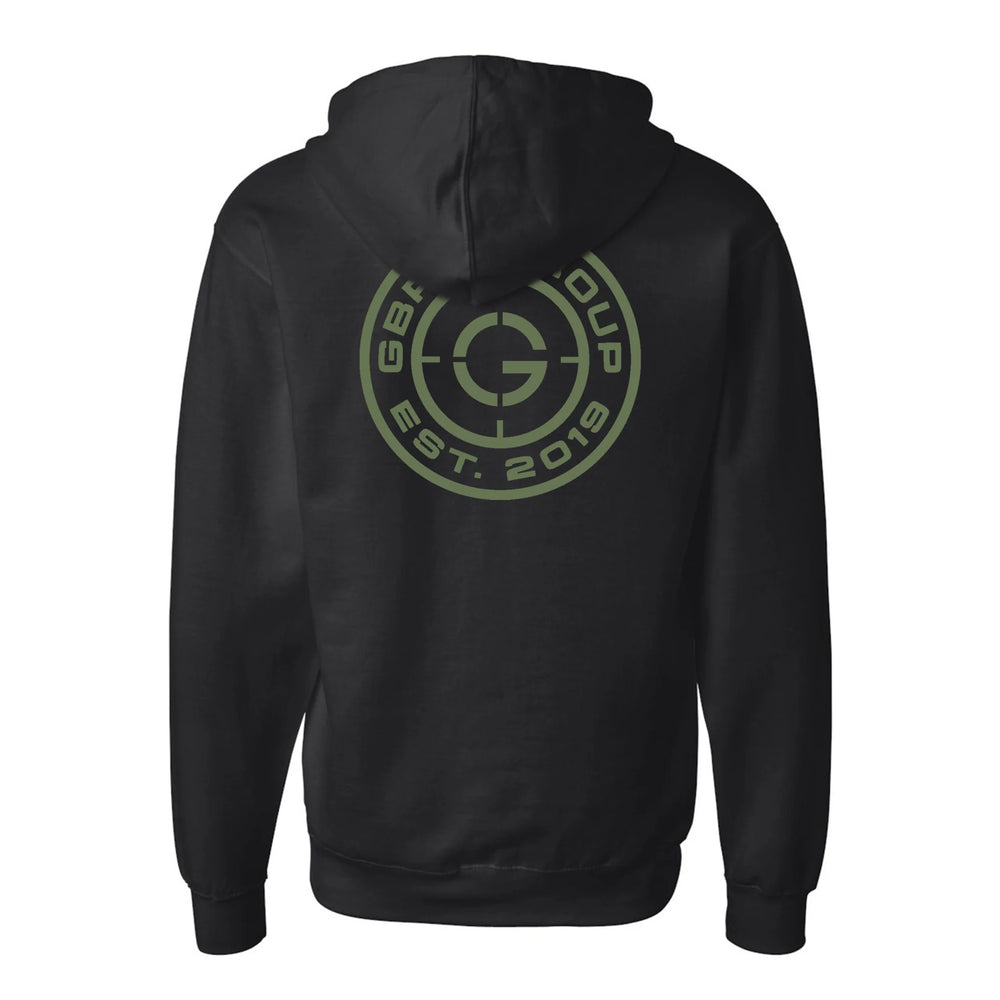 Back view of black GBRS Group Instructor Zip Up Hoodie on a white background with a logo on the back against a white background