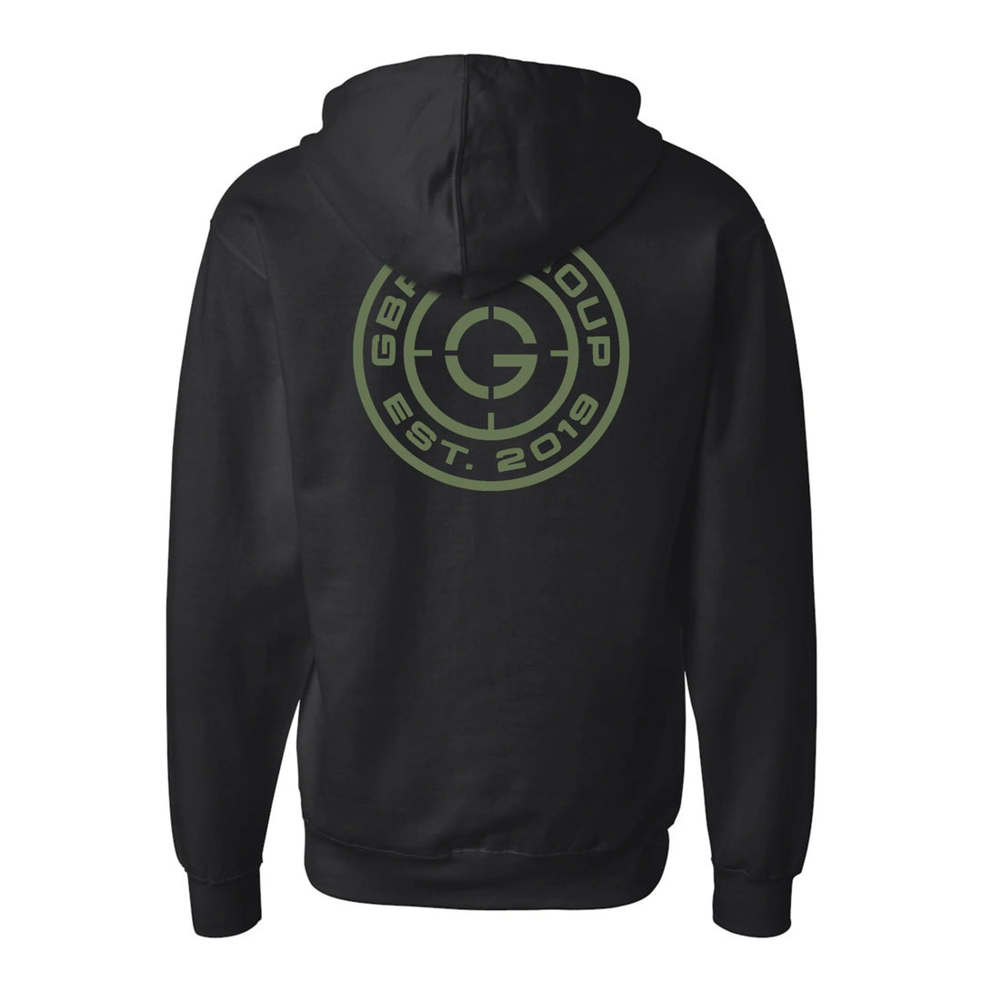 Back view of black GBRS Group Instructor Zip Up Hoodie on a white background with a logo on the back against a white background