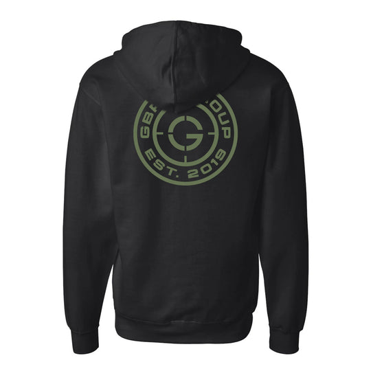 Back view of black GBRS Group Instructor Zip Up Hoodie on a white background with a logo on the back against a white background