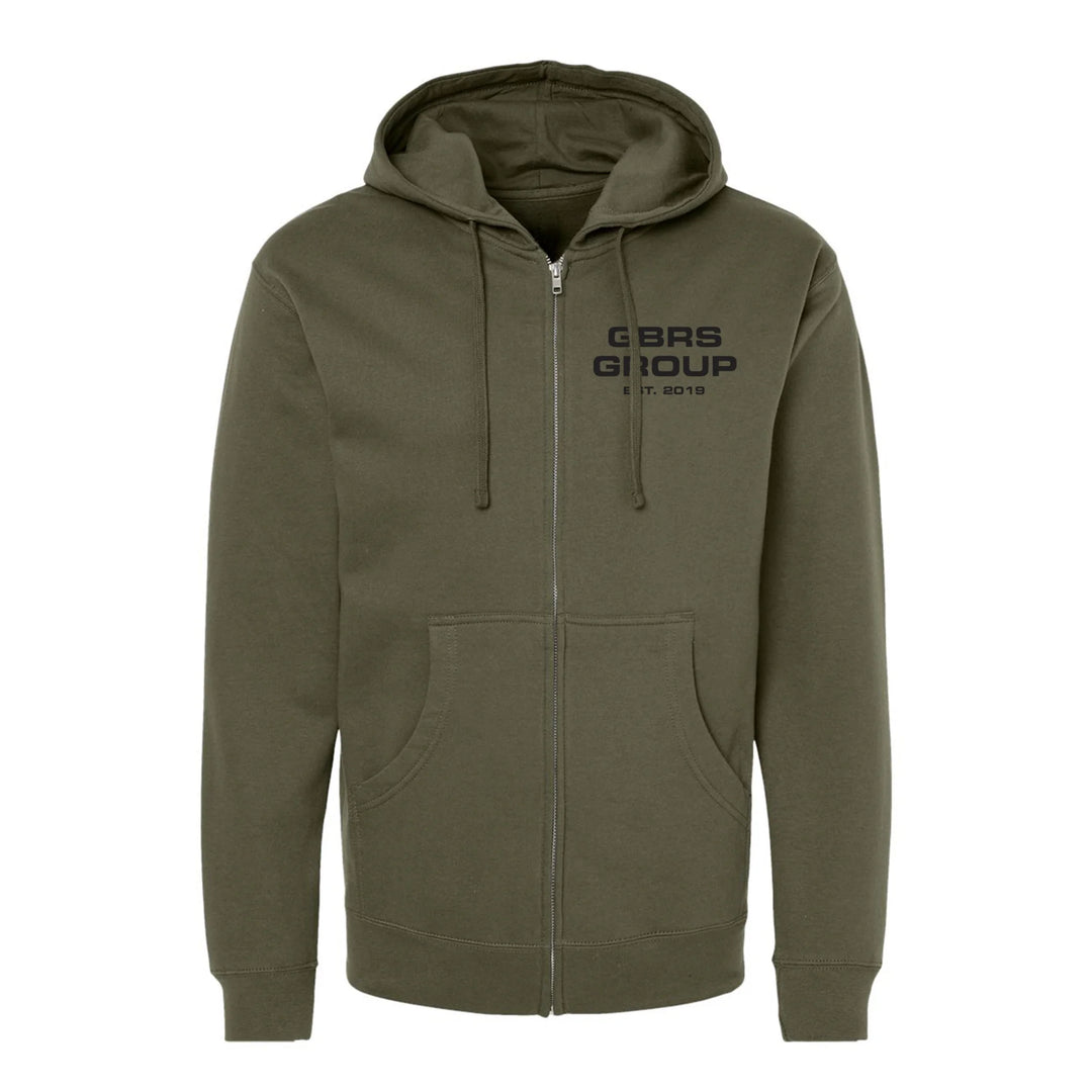 Front view of green GBRS Group Instructor Zip Up Hoodie on a white background