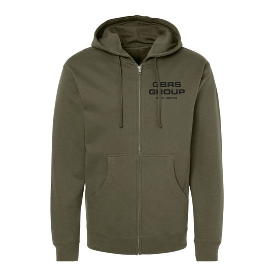 Front view of green GBRS Group Instructor Zip Up Hoodie on a white background