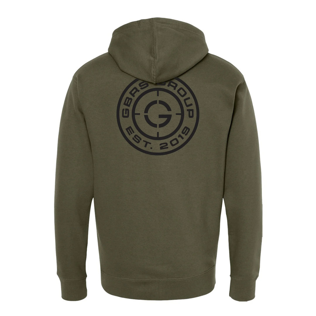 Back view of green GBRS Group Instructor Zip Up Hoodie on a white background with a logo on the back against a white background