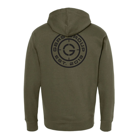 Back view of green GBRS Group Instructor Zip Up Hoodie on a white background with a logo on the back against a white background