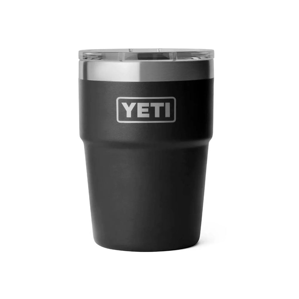 Back view of black YETI tumbler on a white background