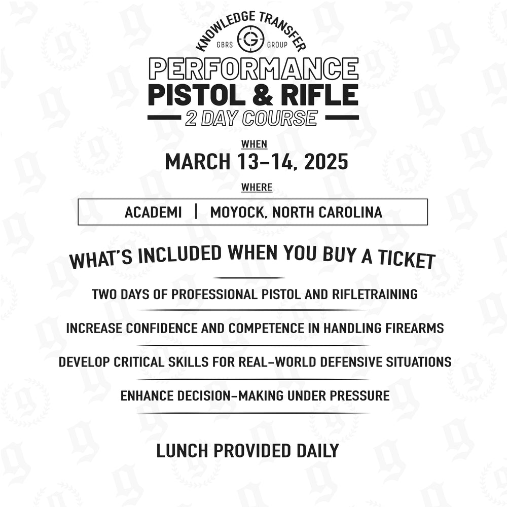 Knowledge Transfer 2501 | 2-Day Performance Pistol & Rifle Course. This advanced pistol and rifle course is designed for professionals who carry firearms for personal or professional use. It focuses on developing high-level proficiency and safe handling techniques for real-world scenarios. This course is ideal for law enforcement officers, security personnel, and civilians wanting to take pistol and rifle performance beyond fundamentals.