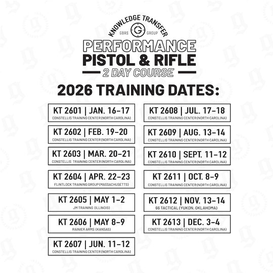 A white informational graphic with black text reading 'Knowledge Transfer Group Performance Pistol & Rifle 2 Day Course' and a grid of 2026 training dates for pistol and rifle courses.