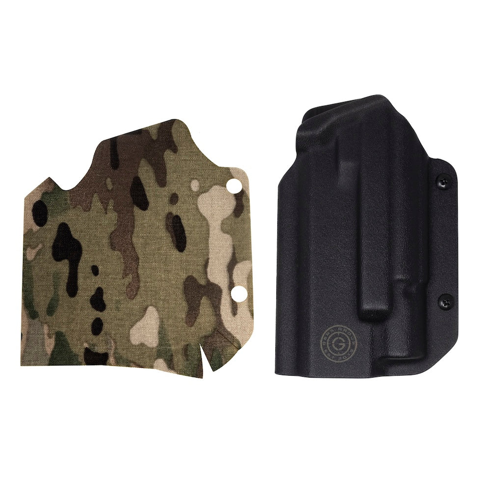 GBRS Group x Priority 1 Staccato XC OWB Holster Black (Left Handed) and Cordura Multicam Holster Wrap Bundle on a white background