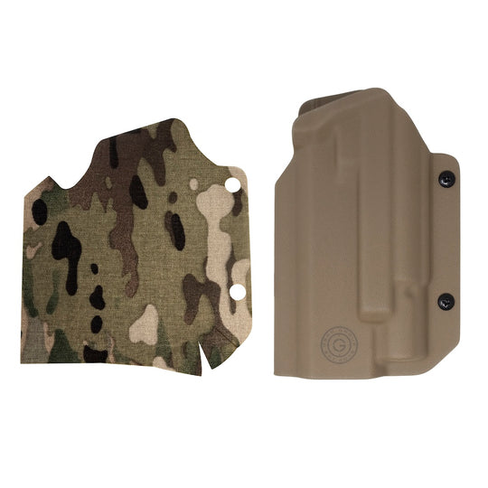 GBRS Group x Priority 1 Staccato XC OWB Holster FDE (Left Handed) and Cordura Multicam Holster Wrap Bundle on a white background