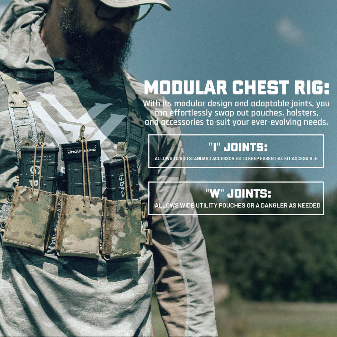 GBRS Group Modular Chest Rig Kit. With it's modular design and adaptable joints, you can effortlessly swap out pouches, holsters, and accessories to suit your evolving needs.
