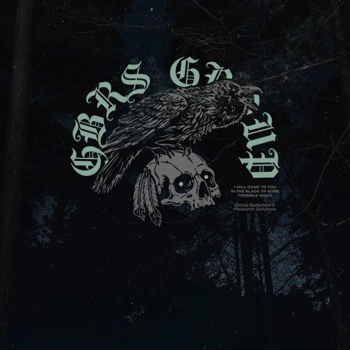 Dark gothic graphic print featuring a raven perched on a skull, with stylized pale green text reading 'GBRS Group' and smaller quote text on a black forest background.