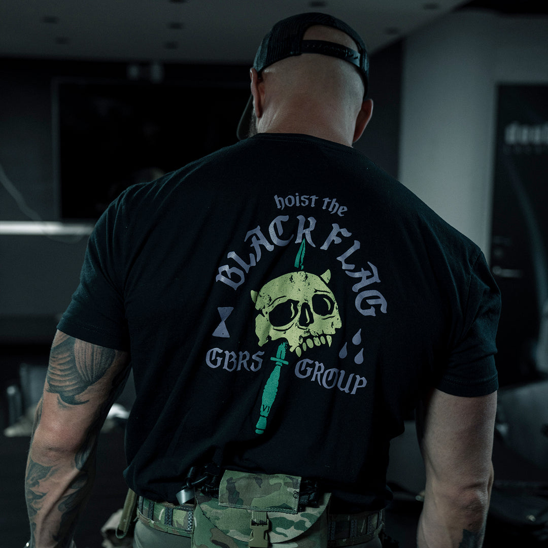GBRS Group No Quarter Short Sleeve Shirt - lifestyle shot on body showing the multicolor backprint design