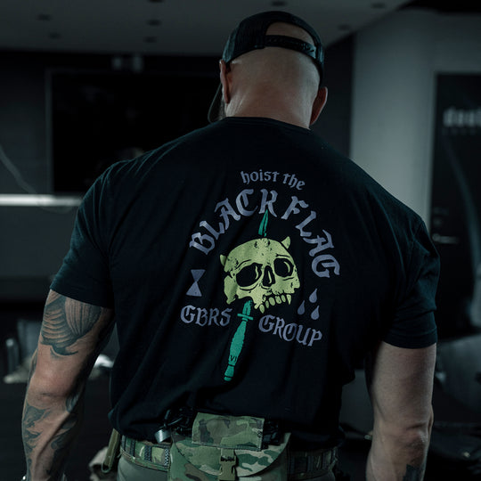 GBRS Group No Quarter Short Sleeve Shirt - lifestyle shot on body showing the multicolor backprint design