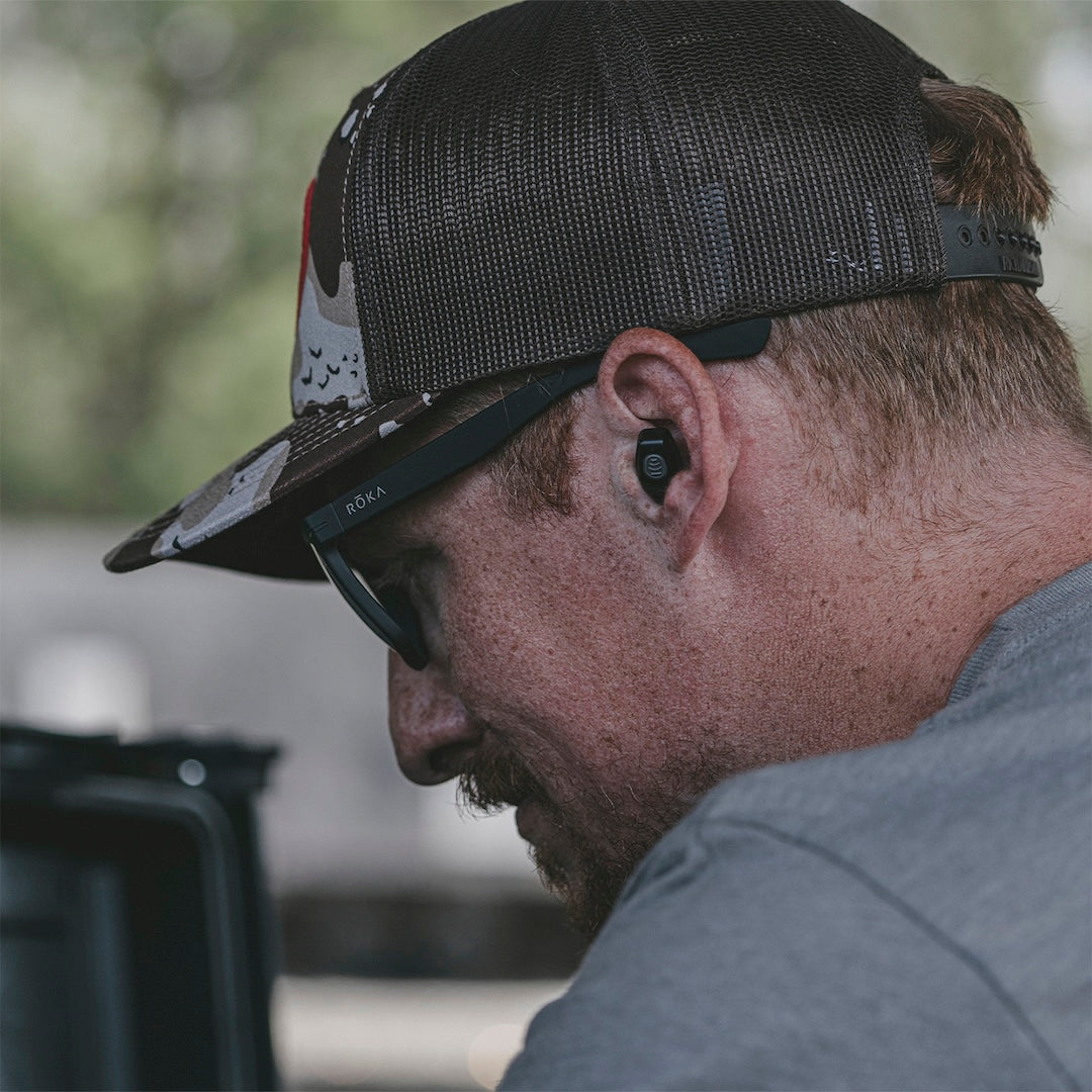 Man wearing a hat and sunglasses, looking down with a blurred background. Clear Roka branding is visible on the legs of the glasses.