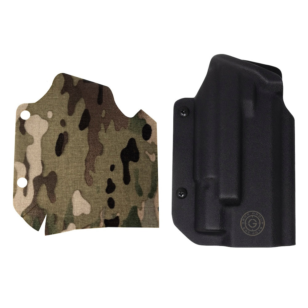 GBRS Group x Priority 1 Staccato XC OWB Holster Black (Right Handed) and Cordura Multicam Holster Wrap Bundle on a white background
