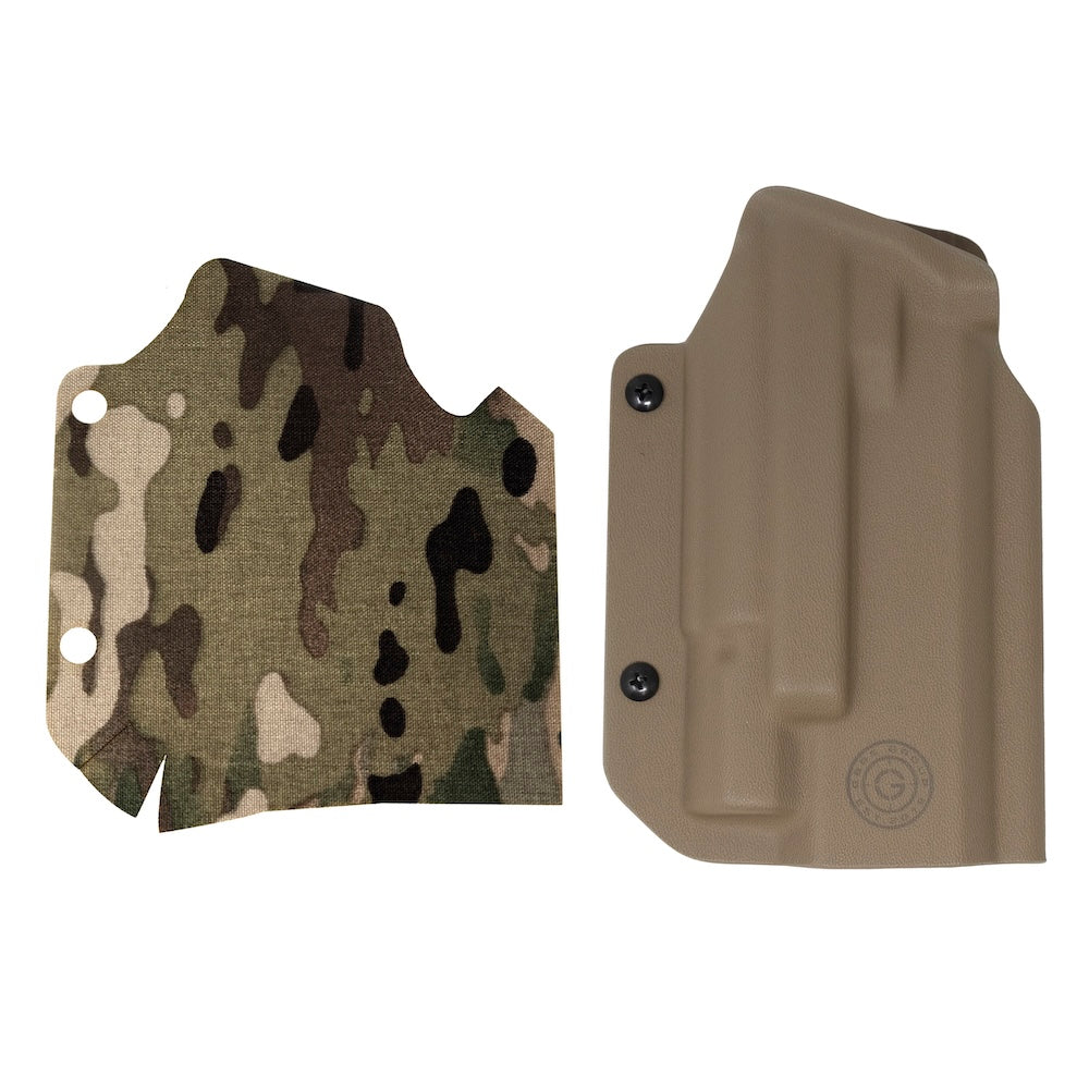 GBRS Group x Priority 1 Staccato XC OWB Holster FDE (Right Handed) and Cordura Multicam Holster Wrap Bundle on a white background