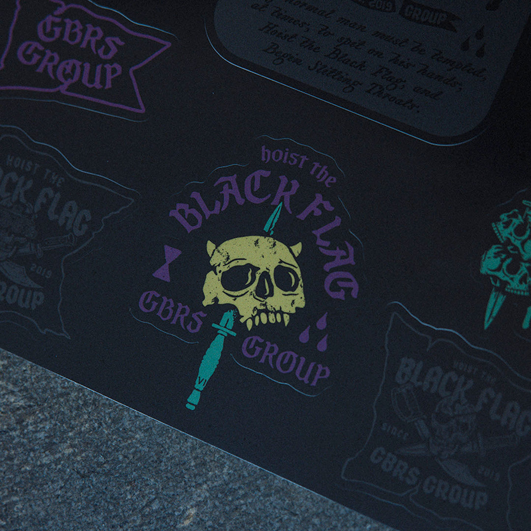 GBRS Group Black Flag Sticker Sheet - Pictured showing the Skull and Dagger sticker design