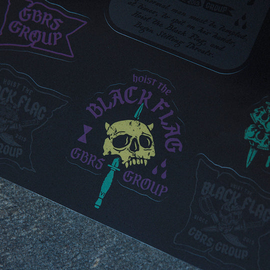 GBRS Group Black Flag Sticker Sheet - Pictured showing the Skull and Dagger sticker design